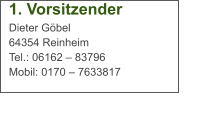 1. Vorsitzender Dieter Göbel  64354 Reinheim  Tel.: 06162 – 83796  Mobil: 0170 – 7633817